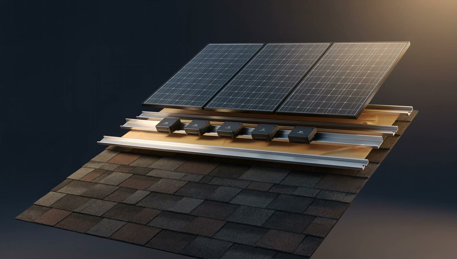 Vue éclatée en trois dimensions d'une installation solaire, puis l'onduleur hybride Fox ESS et sa batterie empilable au mur du garage