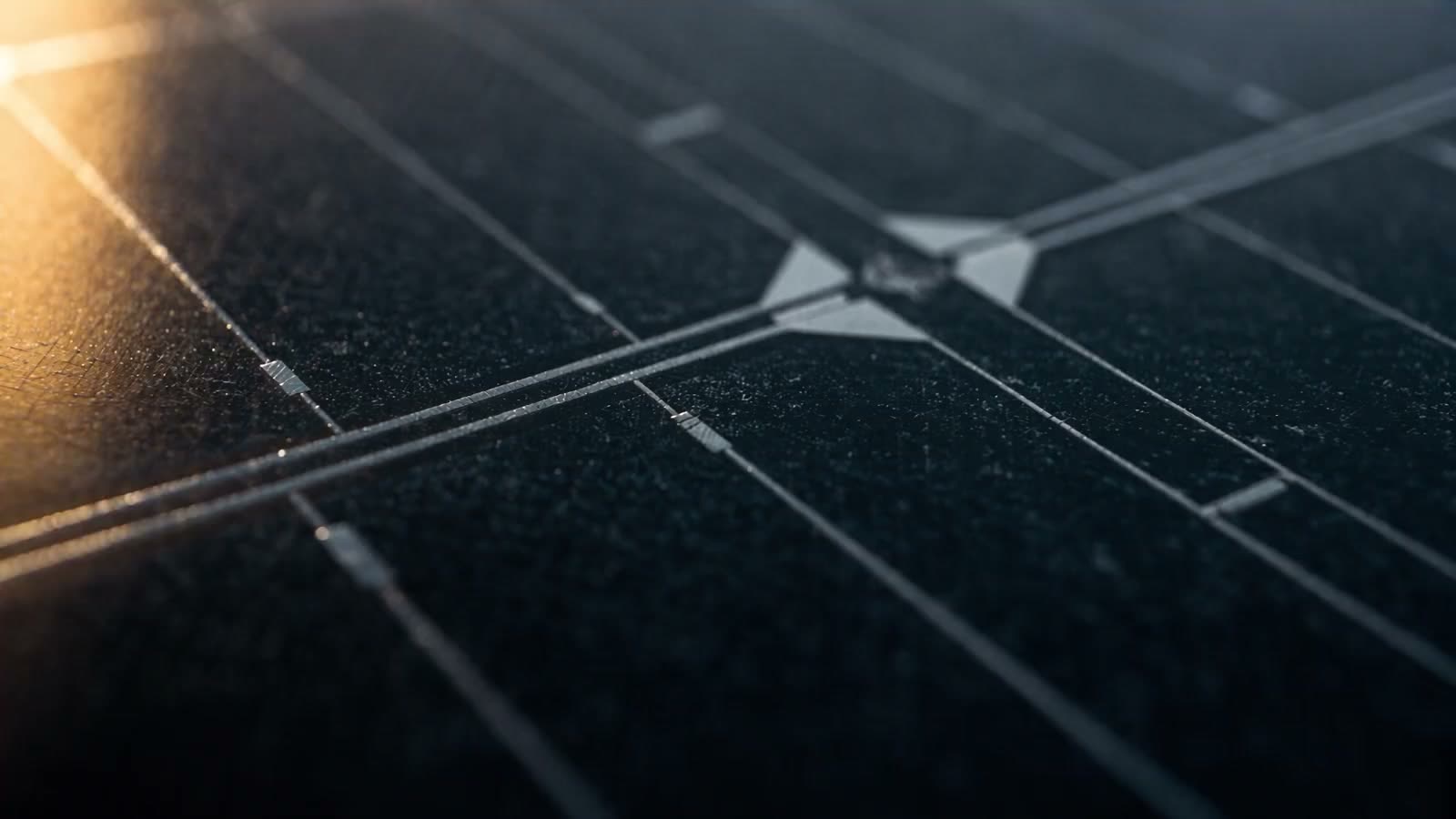 Gros plan sur la surface d'un panneau solaire monocristallin, la grille argentée des busbars et le reflet du soleil sur le verre trempé
